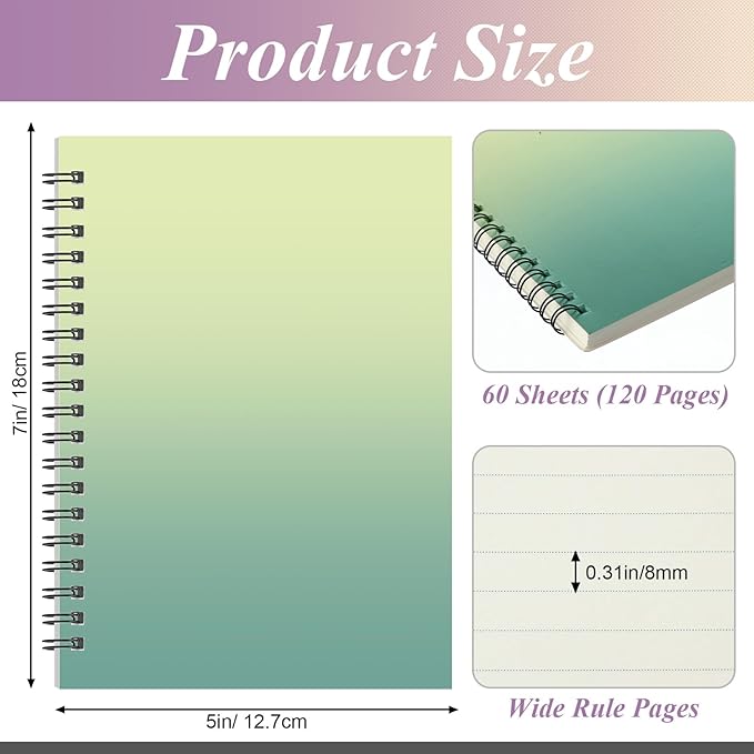 Leelosp 12 Pcs Small Spiral Notebook Lined Spiral Journal College Ruled Notebook Wire Bound Kraft Cover, 120 Pages for Work (Gradient Colors,5 x 7 Inch)