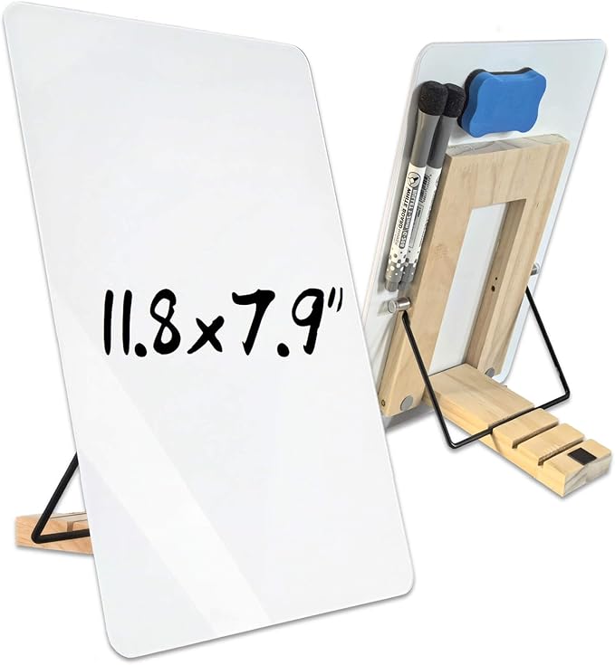 Glass White Board with Stand,Magnetic Mini Dry Erase Board for Desk,Small Desktop Whiteboard with Solid Wood Bracket