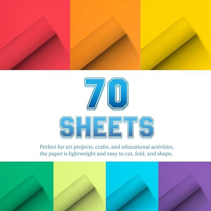 Construction Paper 9x12 in,70 Sheets,Set of 7 Colors Classic Rainbow 178GSM/65LB Heavyweight Construction Paper,Crafts,Arts,School Classroom Art Supplies Assorted Colors Bulk Paper