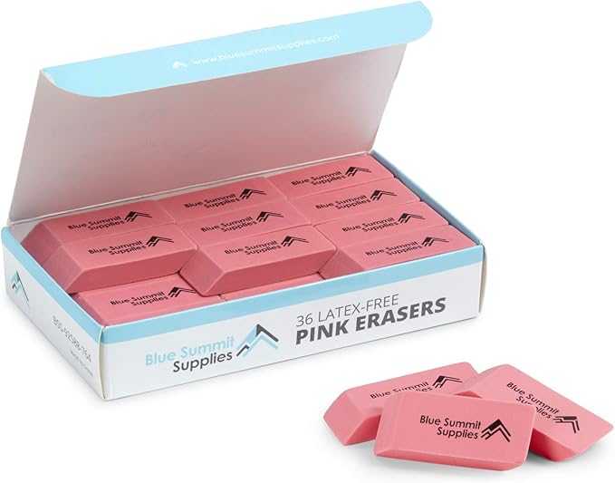 Blue Summit Supplies Pink Erasers, Bulk Erasers for Art, School, and Office Use, Classroom Set, 36 Pack
