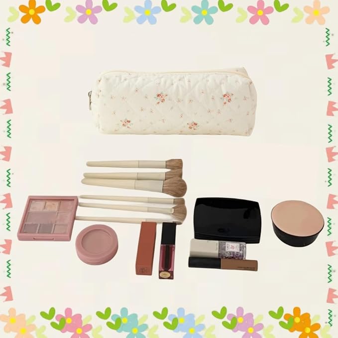 Cute Mini Quilted Makeup Bag for Women Travel Cosmetic Bags Lightweight Coquette Aesthetic Floral Toiletry Organizer Case (Little Flower)