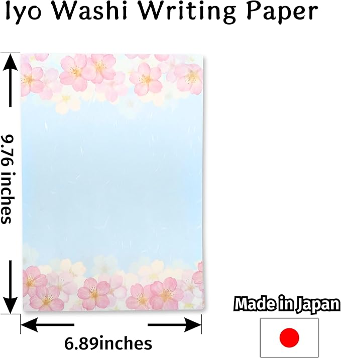 Japanese Cherry Blossom Stationery Paper and Envelopes Set, Made in Japan,15 Sheets, 8 Envelopes (Blue Sky), Elegant Washi Paper for Writing, Crafts,Gift