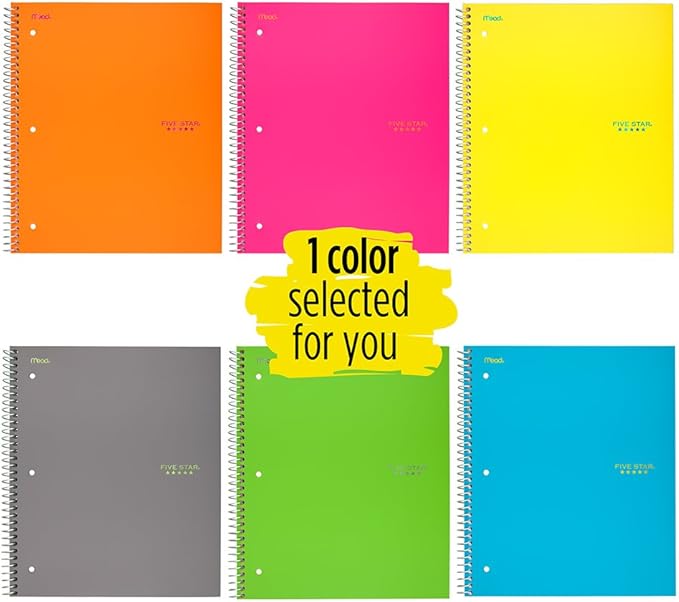 Five Star Spiral Notebook, 1 Subject, College Ruled Paper, 100 Sheets, 11" x 8-1/2", Color Selected For You, 1 Count (06044)