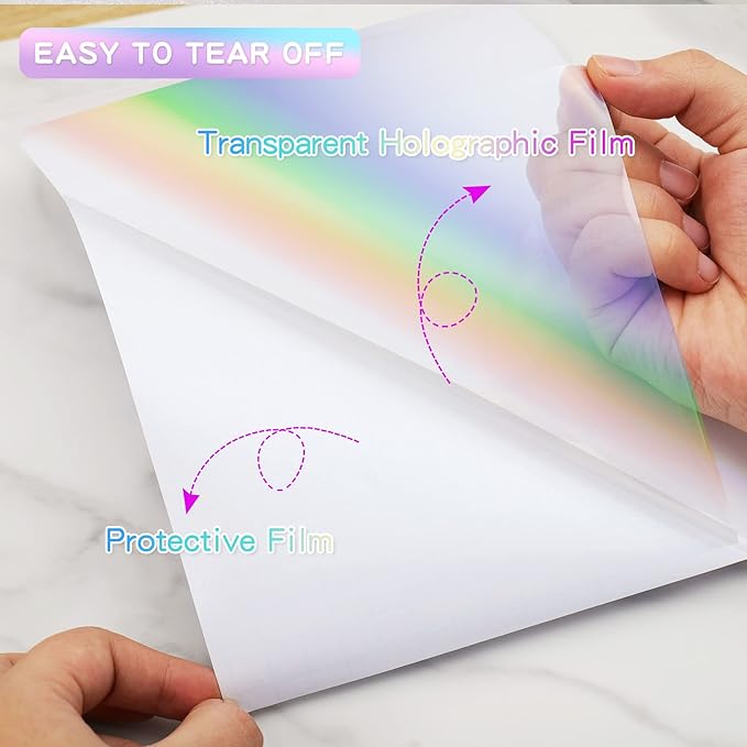 Holographic Sticker Paper, 36 Sheets Transparent Holographic Laminate Vinyl Sheets, Clear Overlay Lamination Sticker Film Self Adhesive Waterproof with Rainbow Patterns - 8.5 x 11 Inch (Laser Style)