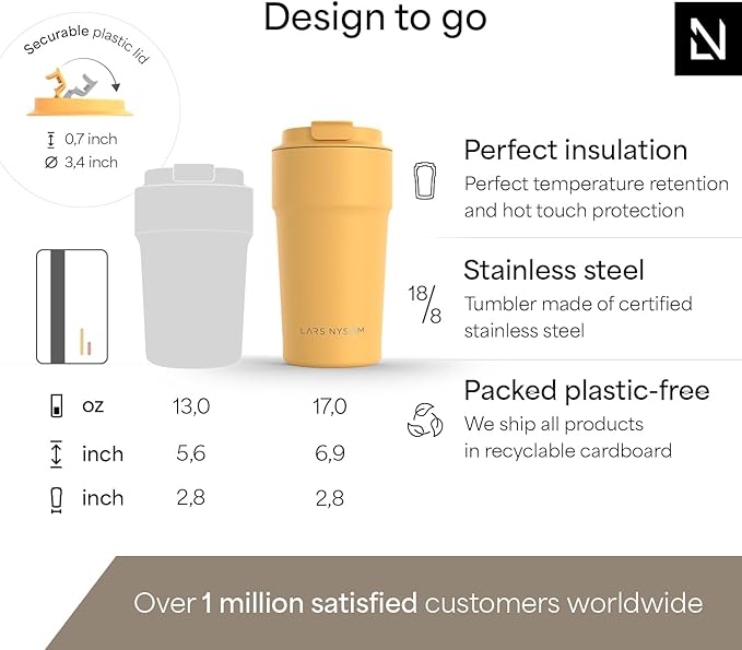 LARS NYSØM Thermo Coffee Mug to go 17oz | Travel Mug 0.5 Liter with Insulation | Leak Proof Stainless Steel Thermal Tumbler for Coffee and Tea on the Go (Mustard Yellow, 17oz)
