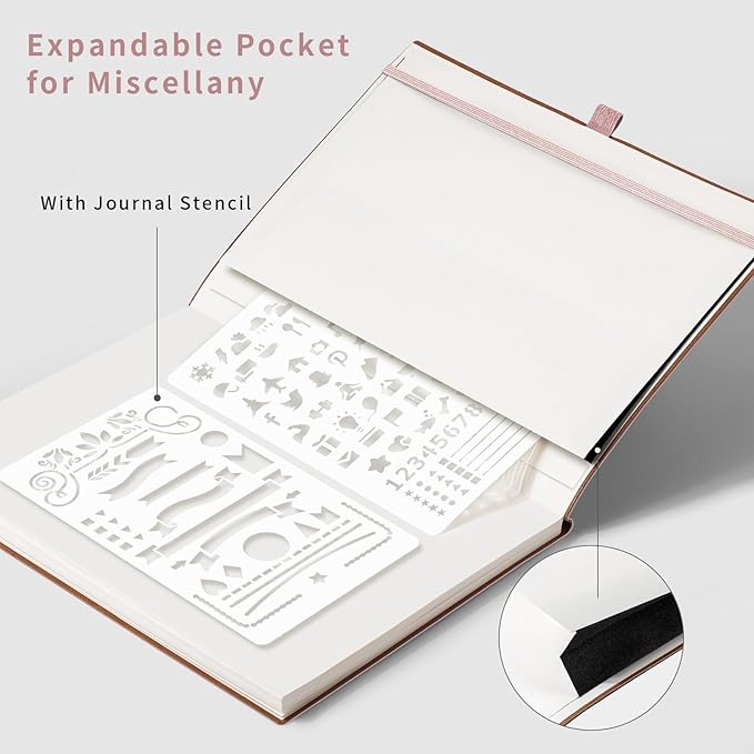AHGXG Dotted Journal - Dot Grid Notebook Journal, 120 GSM Thick Acid-Free Paper, Large B5 Dotted Notebook 96 Pages, Leather Softcover, Inner Pocket, Journal Stencil, 7.6'' X 10'', Rose Gold
