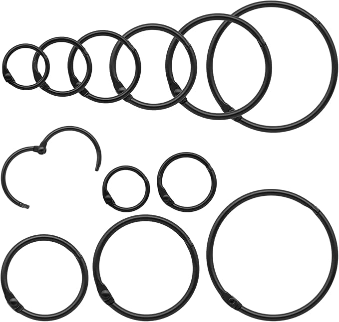60 Pcs Binder Rings Assorted Sizes (1/2", 3/4", 1", 1-1/4", 1-1/2", 2"), Loose Leaf Binder Book Rings, Metal Index Card Rings Binder Clip Rings for Flash Cards, Key Rings, Index Cards (Black)