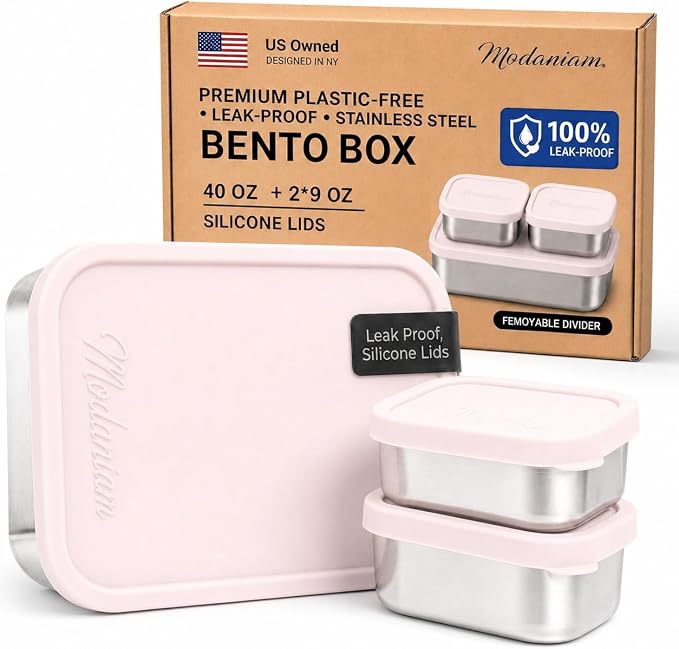 Modaniam Flexibento Leak Proof Stainless Steel Lunch Box, Pink, 40 OZ