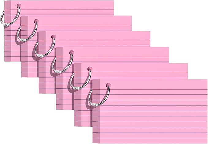 Index Cards 3x5 Inches, 300 PCS, Pink Flash Cards With Ring, Punched Lined Study Card Ruled Flashcards Notecards, Ruled Front And Blank Back, Note Card for School, College And Home