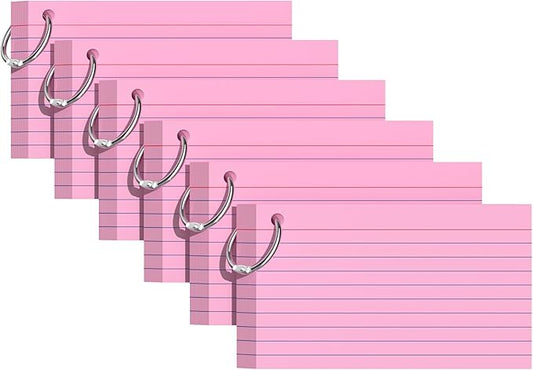 Index Cards 3x5 Inches, 300 PCS, Pink Flash Cards With Ring, Punched Lined Study Card Ruled Flashcards Notecards, Ruled Front And Blank Back, Note Card for School, College And Home