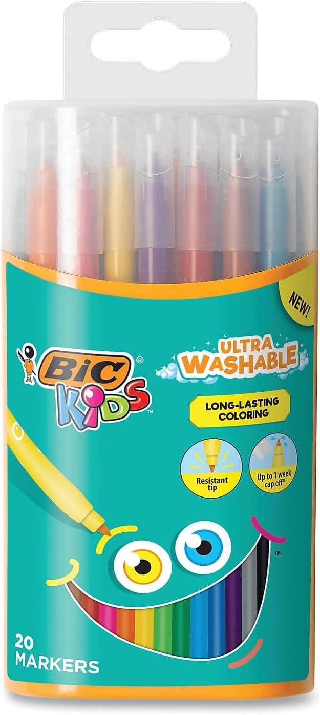 BIC Kids Markers, Ultra Washable, Durable Case, Long-Lasting, Bullet Tip (2.8mm), Assorted Colors, 20-Pack