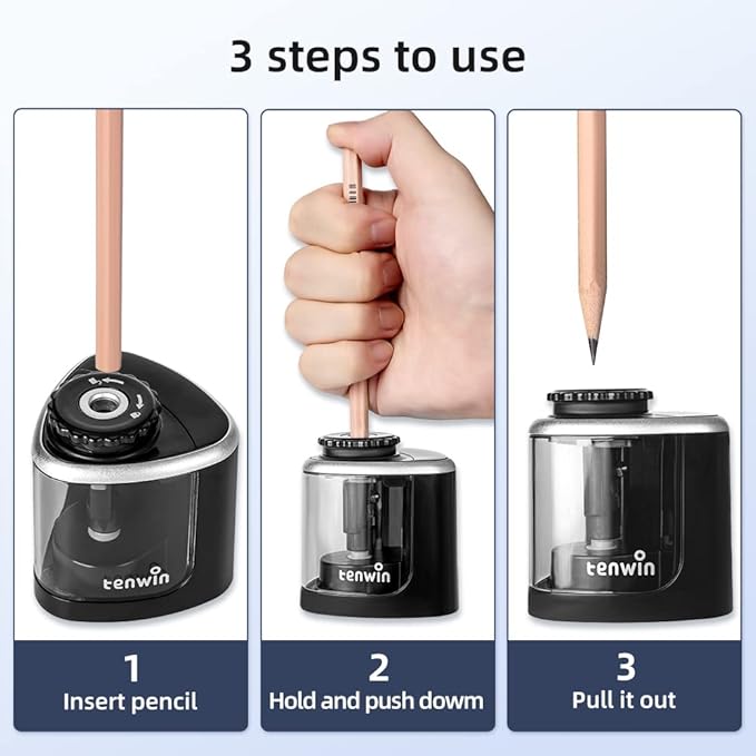 tenwin Electric Pencil Sharpener Battery Operated,Fast Sharpening, Suitable for NO.2/Drawing/Colored Pencils(6-8 mm), Office/School/Home, Portable Pencil Sharpener for Adults, Kids (Black)