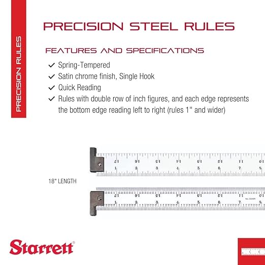 Starrett Spring Tempered Steel Rule with Satin Chrome Finish, Quick Reading, Inch Graduation, and Hook - 18" Length, 4R Graduation Type, 3/64" Thickness - CH604R-18