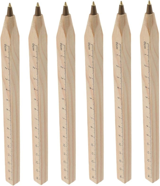 6pcs Black Wooden Ballpoint Pens with Printed Ruler, Biodegradable Natural Wood Signature Pens for Construction and Office Use