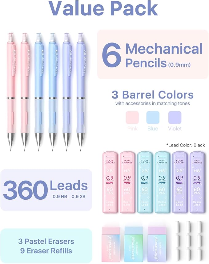 Four Candies Pastel Mechanical Pencil Set, 0.9mm Bold Point, Pack of 6 | 360 HB/2B Leads, 3 Erasers+9 Refills, Storage Case, Cute Pink/Purple/Blue Barrels, Rubber Grip, for Heavy Writing & Sketch