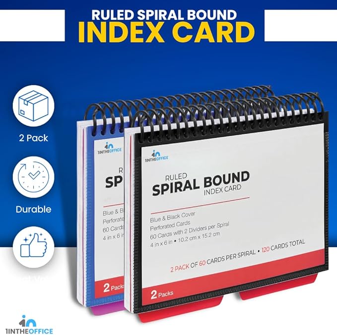 1InTheOffice Index Cards 4 x 6 Ruled, Spiral Bound, 120 White Cards/Spiral (2 PACK)
