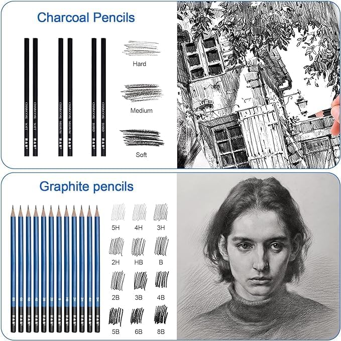 H & B 80 PCS Pro Drawing & Art Supplies Set, Sketching Kit with Watercolor, Metallic & Oil Based Colored Pencils, Charcoal Pencils & Gel Pens for Adult Artists Beginners, Includes Sketch Book & Case