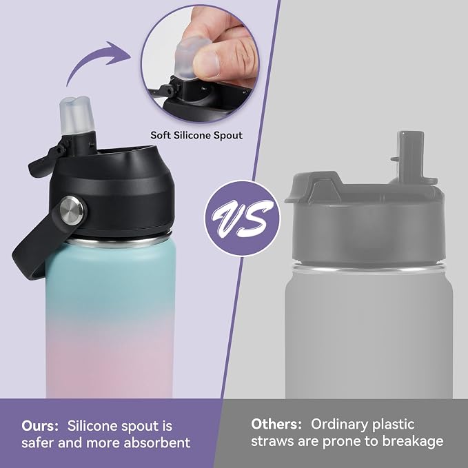 Fijinhom 18oz Insulated Stainless Steel Water Bottle, Wide Mouth Double Wall Vacuum, Silicone Straw, Sweat & Leak Proof, BPA Free Insulated Water Flask for Travel, Keep Cold 24h Hot 12h, Pink