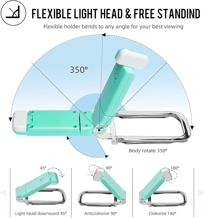 EGWASER Book Reading Light, Portable USB Rechargeable LED Clip on Book Lights for Reading in Bed, 3 Brightness Adjustable Dimmable Bookmark Light for Eye-Protection, Reading Lamp (Blue)