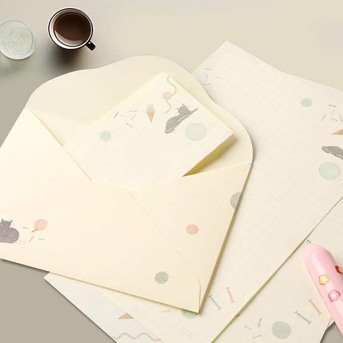 37 Pcs Stationery Paper Envelopes Set Includes 24 Lined Writing Paper & 12 Envelopes with 48 Round Stickers, Cute Bear Flower Cat Letter Writing and Stationery Paper Envelopes(4Style)