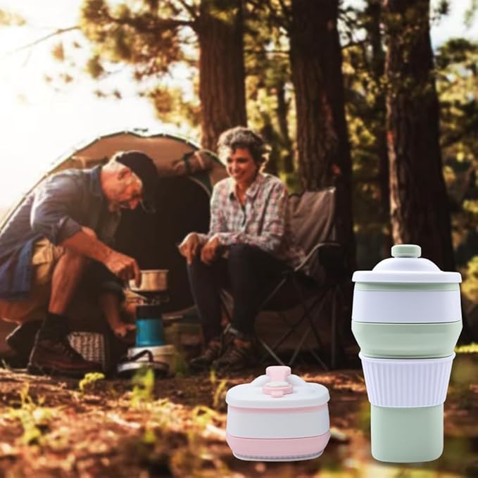 Collapsible Travel Coffee Cups Set of 2 - Silicone Foldable Mugs with Leakproof Lids, BPA Free, Microwave and Dishwasher Safe - 10oz (300ml) for Travel, Office, Camping