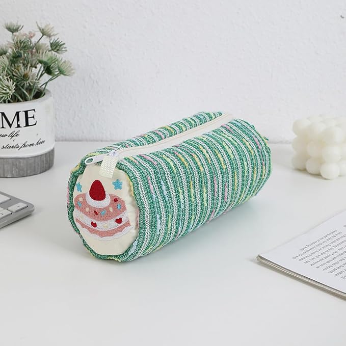 Cute Striped Pencil Case for Girls Large Capacity Aesthetic Pen Pouch with Zipper Stationery Organizer Bag for School Office Durable Pencil Box for Teens Students Women Kids (Cylinder-Green)