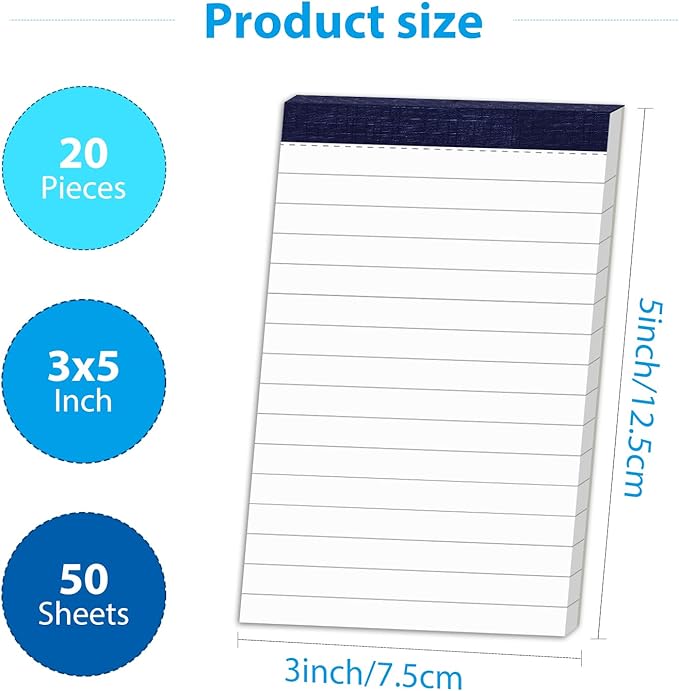 50 Sheets Perforated Note Pads for Daily Planning and Organization of Work 3x5 Inch Small Lined Writing Memo Pads Refills Easy Tear off no Rip Writing Pads Each Pad Narrow Ruled Mini Notepad 20 Pack