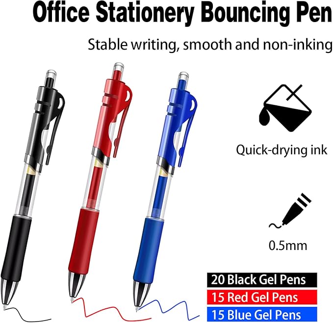 50 Pcs Black Ink Pens 0.5mm Fine Point Gel Pens with Super Soft Grip Ball Point Pen Retractable School Office Supplies（20 Black, 15 Red, 15 Blue）