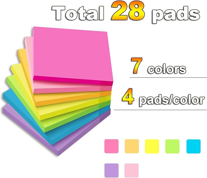 (28 Pads) Sticky Notes Bulk 3x3 in Post Bright Stickies Colorful Super Sticking Power Memo Pads, Strong Adhesive
