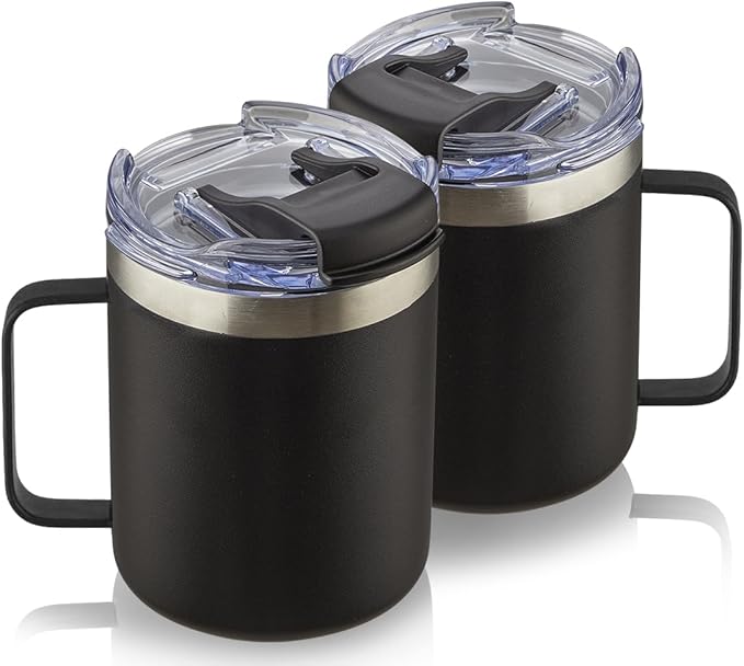 12oz Stainless Steel Insulated Coffee Mug with Handle, Double Wall Vacuum Tumbler Cup with Fliping Lid, Black, 2 Pack