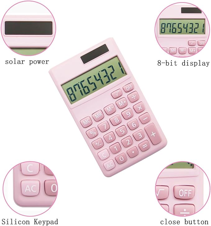 Basic Standard Calculators Small Digital Desktop Calculator with 8-Digit LCD Display, Battery Solar Power Smart Calculator Children's School Adult Office Family Standard Functions (8 Bit Pink)