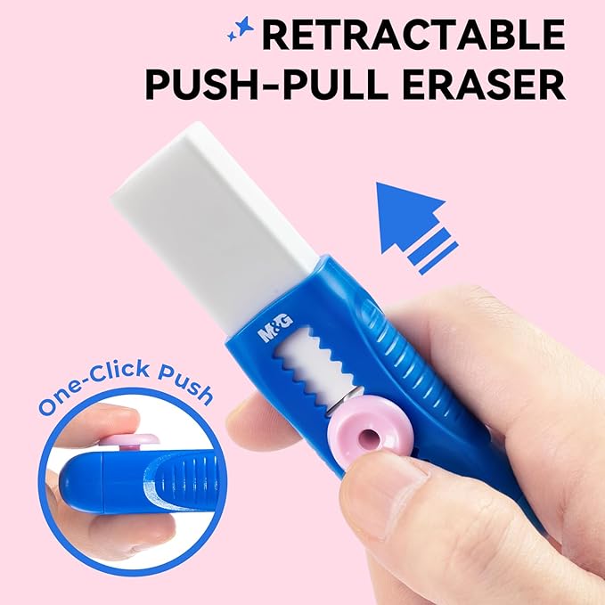 M&G 1+1 Pack Blue Sliding Retractable Cute Eraser Set, Refillable Soft Large Rubber Eraser with Sleeve for Kids Students School Office Supplies