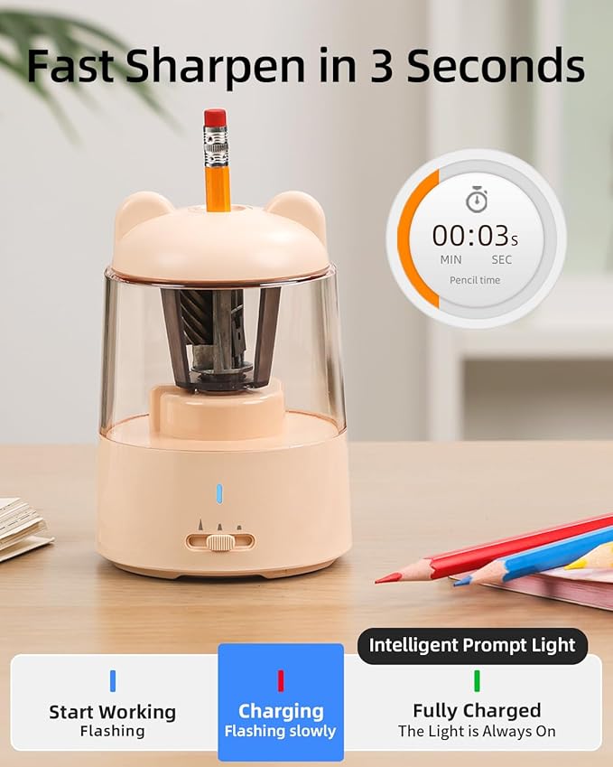 ZMOL Colored Pencil Sharpener, Rechargeable Electric Pencil Sharpener, Auto Stop, Pencil Sharpeners for Battery Powered Cute for Kids Gift No.2/Colored Pencils (6-8mm), Classroom/Office/Home Pink