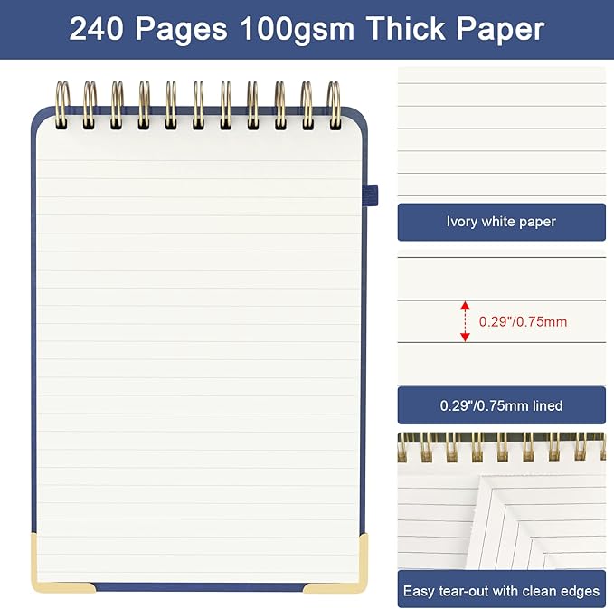 A5 Top Spiral Notebook, Large Leather Hardcover Top Bound Steno Pads, 240 Pages 100 gsm Thick Lined Paper Left Handed Notebook Journal for Work, School, Meeting Writing - Navy Blue, 5.9" x 8.5"