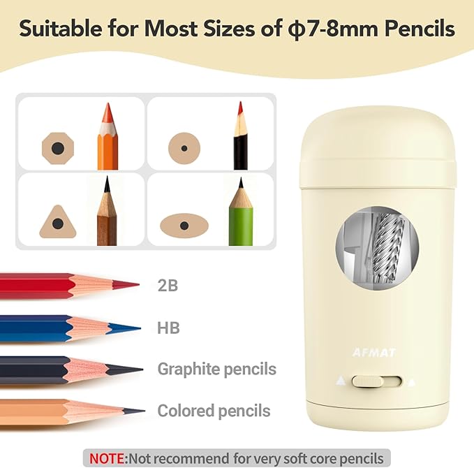AFMAT Electric Pencil Sharpener, Fully Automatic Pencil Sharpener for 7-8mm Pencils & Colored Pencils, Auto in & Out, Rechargeable Vertical Hands-Free Sharpeners for Classroom/Home/Office PSX7(Beige)