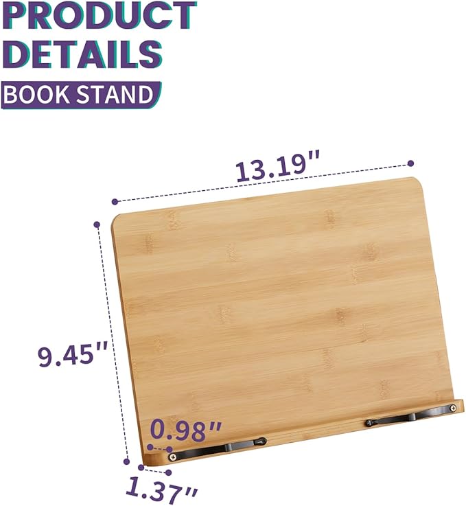 Bamboo Book Stand, Adjustable Reading Holder with Page Clips, Portable Lightweight Desk Stand for Textbooks, Cookbooks (Medium)
