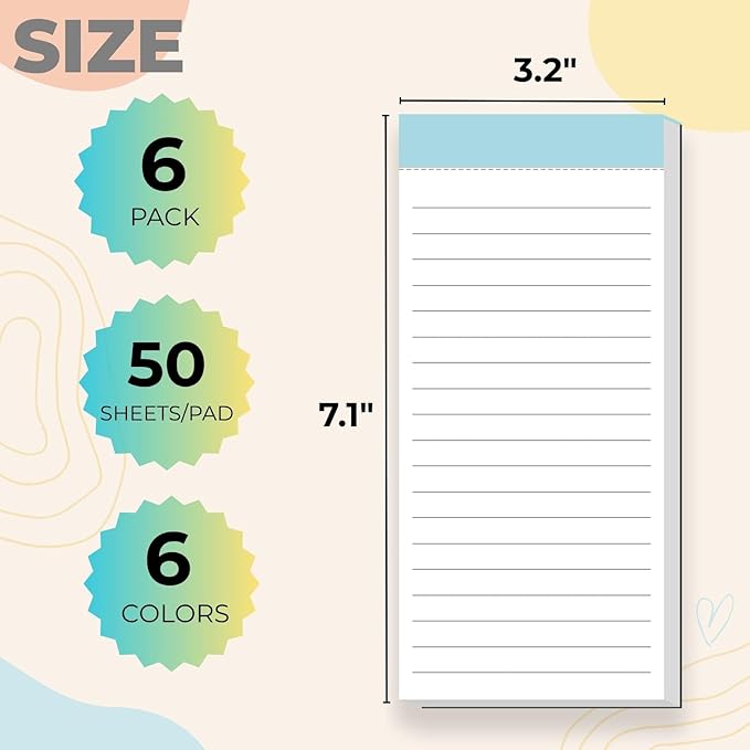 BIPEND 6 Pack Magnetic Notepads for Fridge, Grocery List Magnet Pad for Refrigerator, Memo Notepad with Lined Pages, 50 Sheets per Note Pads To-Do List, Shopping List(300Sheets)