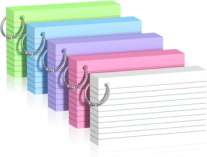 250 Sheets Colored Index Cards with Ring 3 x 5 Inch Heavyweight Ruled Flash Cards, Flashcards with Ring for School & Office Supplies and Home Organization, Durable Study To Do List Lined Note Cards