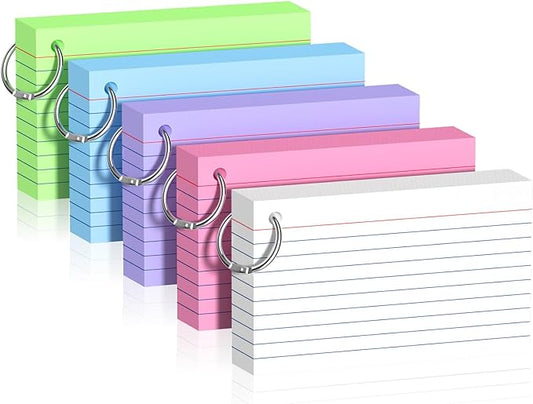 250 Sheets Colored Index Cards with Ring 3 x 5 Inch Heavyweight Ruled Flash Cards, Flashcards with Ring for School & Office Supplies and Home Organization, Durable Study To Do List Lined Note Cards