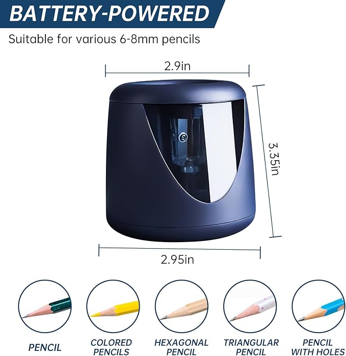 Battery-Powered Electric Pencil Sharpener, (Includes 2 Replacement Blades and 1 Cartoon Sticker) Suitable for Children, Classrooms, Offices, and Homes. Suitable for 6-8mm No. 2/Colored Pencils.