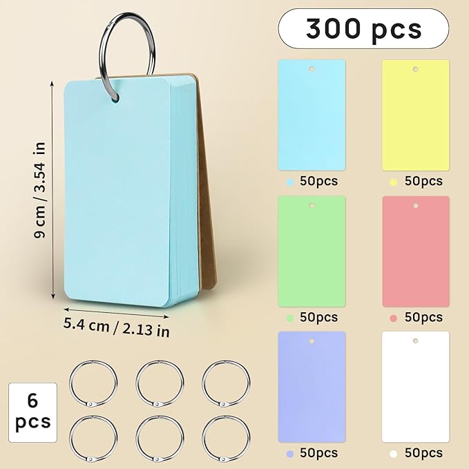 Blank Colored Index Cards, 2.2 x 3.5 Inches Flash Cards with Ring, Study Cards Memo Scratch Pads for School Learning, 6 Colors, 300 Count