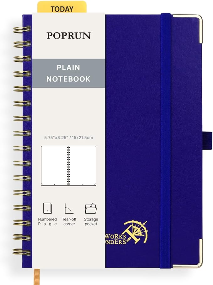 POPRUN Blank Spiral Journal Notebook, A5 Hardcover Sketch Books, 141 Pages Unlined Journals for Women Men, 120 GSM Plain Notebooks for Sketching, Drawing, Painting, 5.75'' x 8.25'', Royal Blue