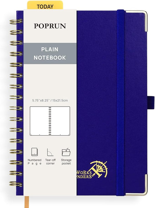 POPRUN Blank Spiral Journal Notebook, A5 Hardcover Sketch Books, 141 Pages Unlined Journals for Women Men, 120 GSM Plain Notebooks for Sketching, Drawing, Painting, 5.75'' x 8.25'', Royal Blue
