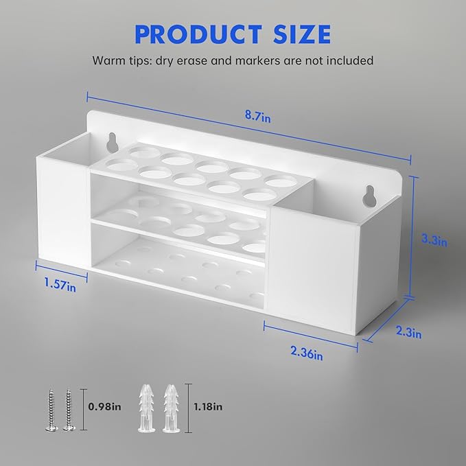 Magnetic Dry Erase Marker Holder for Whiteboard, Wall Mount Pen Holder for Refrigerator, Clear Pencil Holder for Fridge, Strong Magnet Locker Organizer for Classroom(White)
