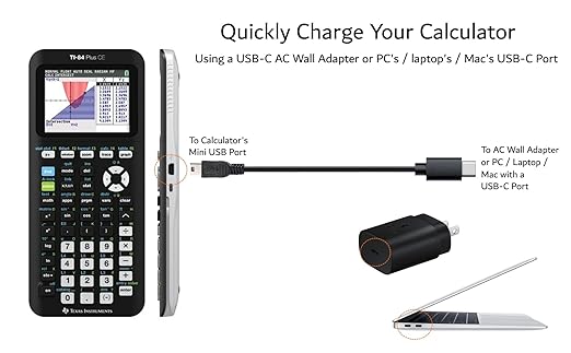 USBC TI-84 Plus CE Graphing Calculator Charger Cable Cord with USB-C AC Block for Texas Instruments TI84 Plus CE, TI Nspire CX II CAS, TI-84 Plus C Silver Edition, TI 89 Titanium
