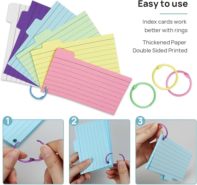 300 Pack Index Cards, 3" x 5" Ruled Index Cards with Ring, Colored Lined Flash Cards, Both Sides Note Cards Study Cards, Memo Scratch Pad for Office School Home (6 Colors)…