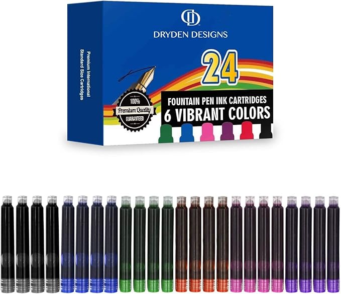 Dryden Designs Fountain Pen Ink Cartridges - Set of 24 Assorted Colors: Black, Blue, Green, Purple, Red, Pink - Short International Standard Size - Disposable and Generic Ink Refill Cartridges.