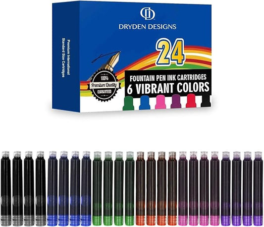 Dryden Designs Fountain Pen Ink Cartridges - Set of 24 Assorted Colors: Black, Blue, Green, Purple, Red, Pink - Short International Standard Size - Disposable and Generic Ink Refill Cartridges.