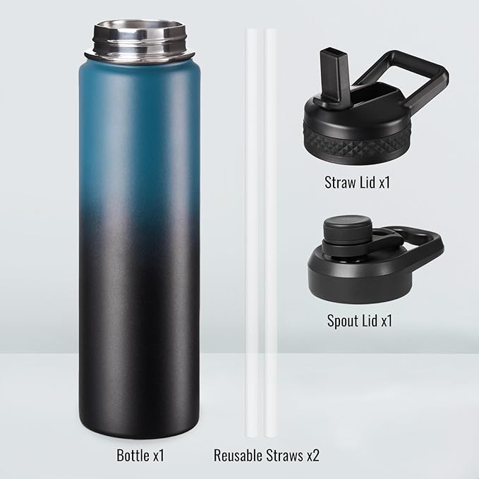 Fijinhom 24 oz Insulated Water Bottle with Handle, 304 Stainless Steel Water Bottles with 2 Lids, Double Wall Vacuum Sports Water Cup with Straw, BPA Free, Keep Cold and Hot, Blue/Black