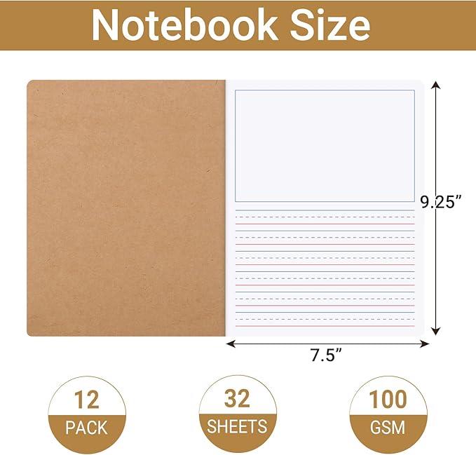 zmybcpack 12 Pack Primary Composition Notebook 9.75" x 7.5" Primary Journal Handwriting Practice Notebook Draw and Write Journal for Kids to Write Stories（32 Sheet/64 Page)